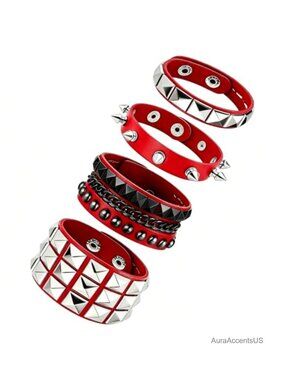 4PC Faux Leather Wrap Bracelets Punk Studded Wrist Cuff Unisex